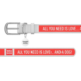 Ошейник WAUDOG Design с рисунком "Любовь и собаки", премиум кожа, металлическая пряжка (ширина 35 мм, длина 46-60 см), белый