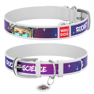 Нашийник для собак шкіряний WAUDOG Design з QR паспортом, малюнок "Космос. Ракетобудування", XS, Ш 12 мм, Дл 21-29 см, білий