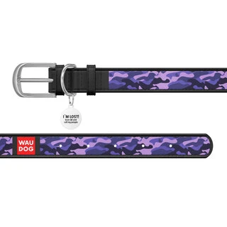 Ошейник WAUDOG Design с рисунком "Фиолетовый камо", премиум кожа, металлическая пряжка (ширина 12 мм, длина 19-25 см), черный