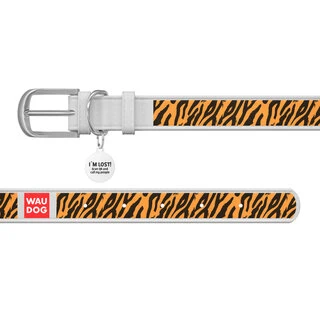 Ошейник WAUDOG Design с рисунком "Тигр", премиум кожа, металлическая пряжка (ширина 25 мм, длина 38-49 см), белый