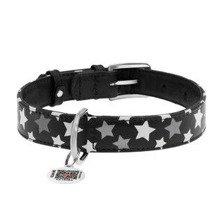 Ошейник для собак кожаный WAUDOG Glamour с QR паспортом, узор "Звёздочка", светящийся/светоотражающий, Ш 25 мм, Дл 38-49 см, черный