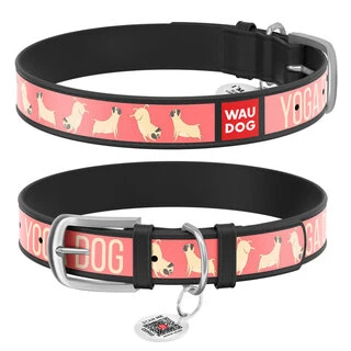 Нашийник WAUDOG Design з малюнком "Йога-пес", преміум шкіра, металевий пряжка (ширина 20 мм, довжина 30-39 см), чорний