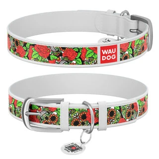 Ошейник WAUDOG Design с рисунком "Черепа и розы", премиум кожа, металлическая пряжка (ширина 12 мм, длина 21-29 см), белый