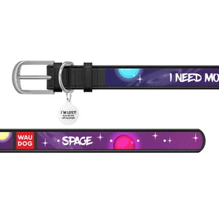 Нашийник для собак шкіряний WAUDOG Design з QR паспортом, малюнок "Більше космосу", S, Ш 15 мм, Дл 27-36 см, чорний