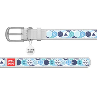 Нашийник WAUDOG Design з малюнком "Морський", преміум шкіра, металевий пряжка (ширина 15 мм, довжина 27-36 см), білий