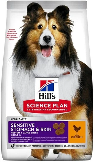 Сухий корм для дорослих собак з чутливим шлунком Hill&rsquo;s Science Plan Adult Sensitive Stomach&amp;amp;Skin Medium Breed з куркою 14кг