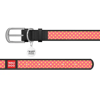 Нашийник WAUDOG Design з малюнком "Рожева полька", преміум шкіра, металевий пряжка (ширина 25 мм, довжина 38-49 см), чорний