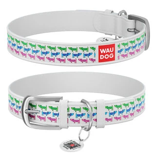 Нашийник WAUDOG Design з малюнком "Парад собачок", преміум шкіра, металевий пряжка (ширина 12 мм, довжина 19-25 см), білий