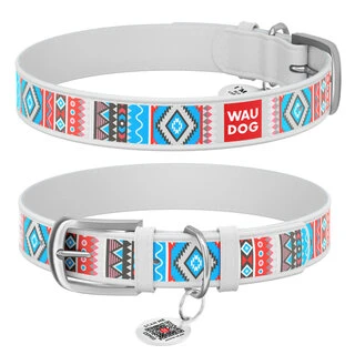 Ошейник для собак кожаный WAUDOG Design с QR паспортом, рисунок "Этно", Ш 12 мм, Дл 19-25 см, белый