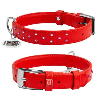 Нашийник для собак шкіряний WAUDOG Glamour з QR паспортом, з клейовими стразами, Ш 20 мм, Дл 30-39 см, червоний