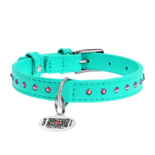 Ошейник для собак кожаный WAUDOG Glamour с QR паспортом, с клеевыми стразами, Ш 12 мм, Дл 21-29 см, ментоловый