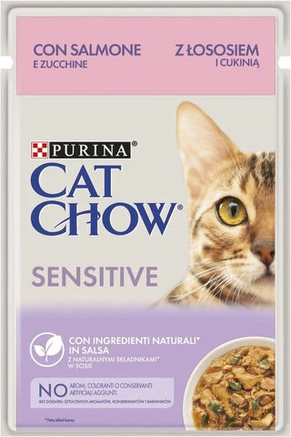 Упаковка влажного корма для кошек с чувствительным пищеварением Purina Cat Chow кусочки в подливе с лососем и цуккини 85 г x 26 шт.