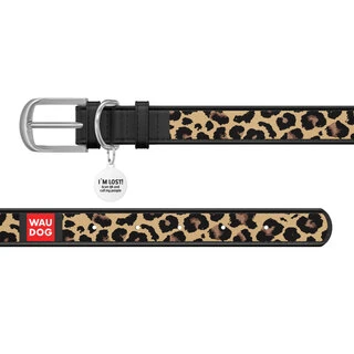 Ошейник WAUDOG Design с рисунком "Леопард", премиум кожа, металлическая пряжка (ширина 15 мм, длина 27-36 см), черный