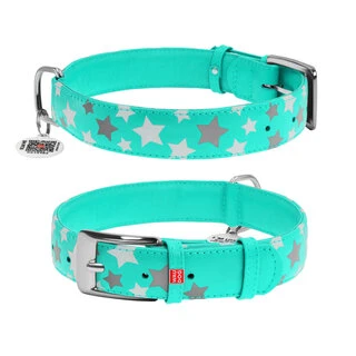 Ошейник для собак кожаный WAUDOG Glamour с QR паспортом, узор "Звёздочка", светящийся/светоотражающий, Ш 35 мм, Дл 46-60 см, ментоловый