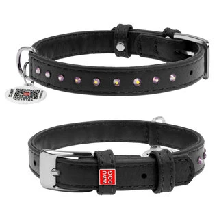 Нашийник для собак шкіряний WAUDOG Glamour з QR паспортом, з клейовими стразами, Ш 12 мм, Дл 21-29 см, чорний