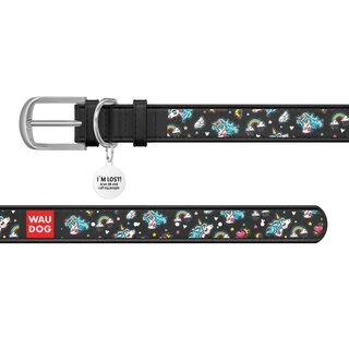 Ошейник WAUDOG Design с рисунком "Единороги", премиум кожа, металлическая пряжка (ширина 35 мм, длина 46-60 см), черный