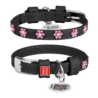 Нашийник для собак шкіряний WAUDOG Glamour з QR паспортом, з клейовими стразами "Квітка", Ш 9 мм, Дл 19-25 см, чорний