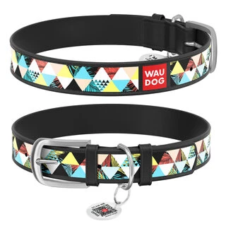 Ошейник WAUDOG Design с рисунком "Пэчворк", премиум кожа, металлическая пряжка (ширина 12 мм, длина 21-29 см), черный