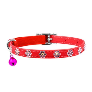 Нашийник "WAUDOG GLAMOUR" з резинкою, клейовими стразами "Квітка" для котів (ширина 9мм, довжина 22-30см), червоний