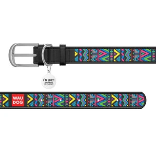 Ошейник WAUDOG Design с рисунком "Инди", премиум кожа, металлическая пряжка (ширина 20 мм, длина 30-39 см), черный