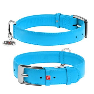 Нашийник для собак шкіряний WAUDOG Glamour з QR паспортом, без прикрас, Ш 35 мм, Дл 46-60 см, блакитний