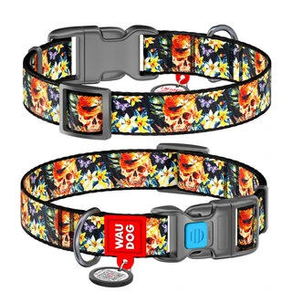 Ошейник для собак нейлоновый WAUDOG Nylon c QR паспортом, рисунок "Гламурные черепа", пластиковый фастекс, Ш 15 мм, Дл 23-35 см