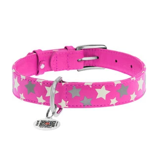 Нашийник для собак шкіряний WAUDOG Glamour з QR паспортом, візерунок "Зірочка", світловий/світловідбиваючий, Ш 20 мм, Дл 30-39 см, рожевий