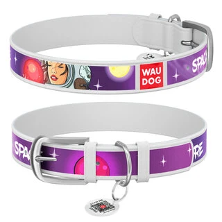 Нашийник для собак шкіряний WAUDOG Design з QR паспортом, малюнок "Більше космосу", M, Ш 20 мм, Дл 30-39 см, білий